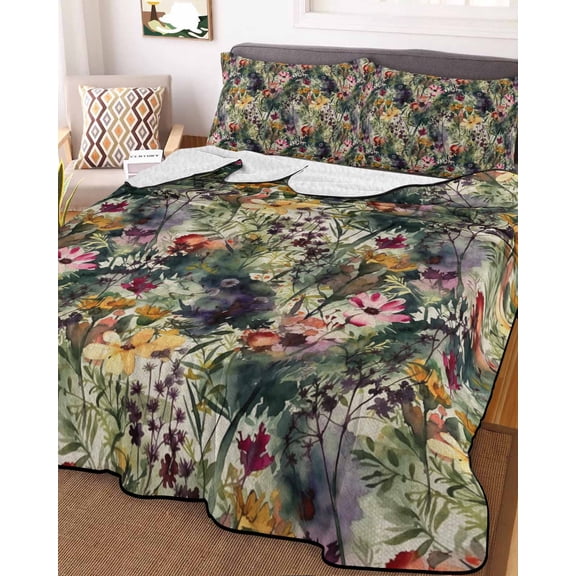Pastoral Flowers King Size Down Alternative Comforter,Lightweight Comforter Quilt Bedding Set with Pillow Shams Spring Floral Watercolor Summer Botanical Bed Comforter Duvet Insert 96"x106"