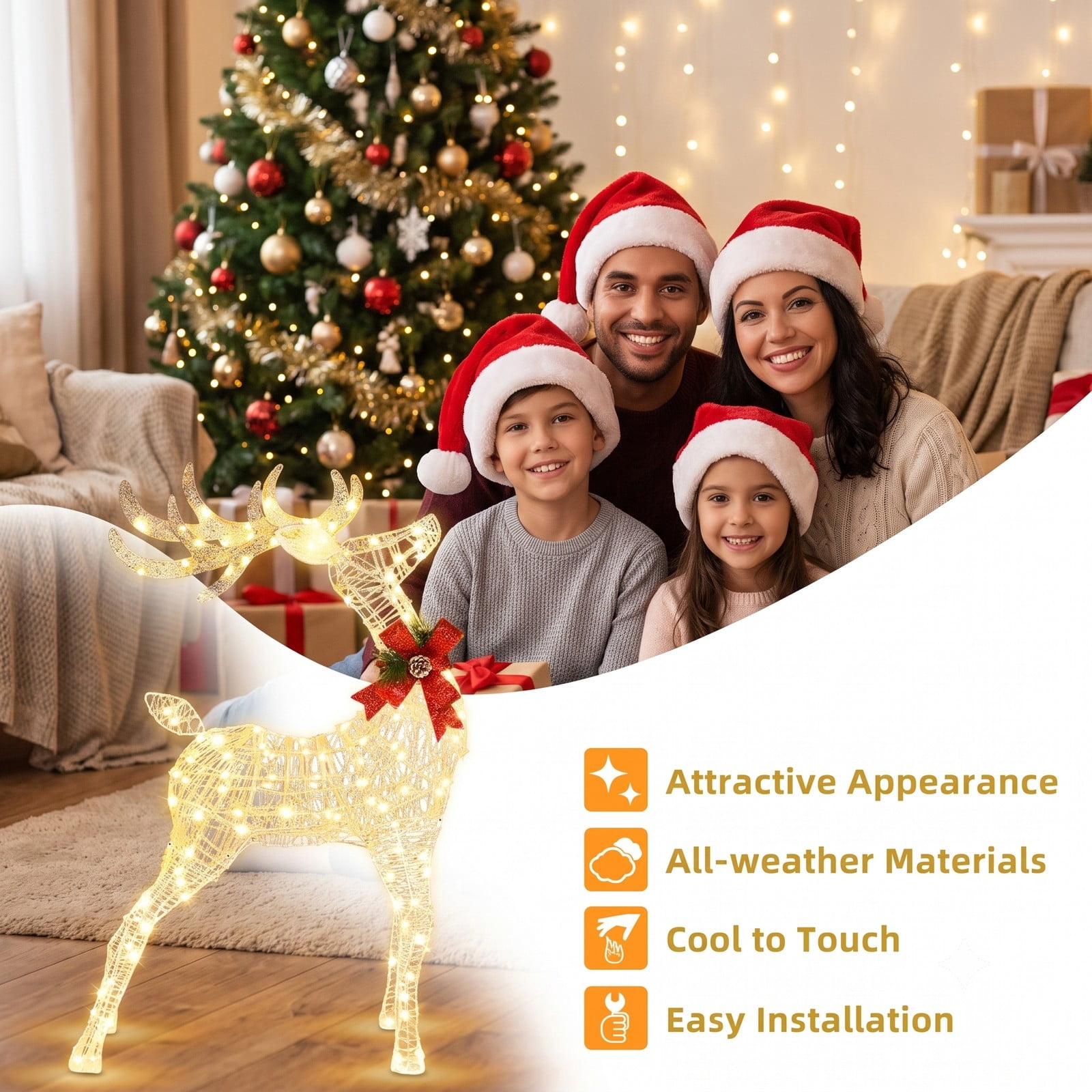 RUIE 53-inch Lighted Standing Reindeer Christmas Decoration, 120 Warm White LEDs, Outdoor Yard Deer with Ground Stakes, White