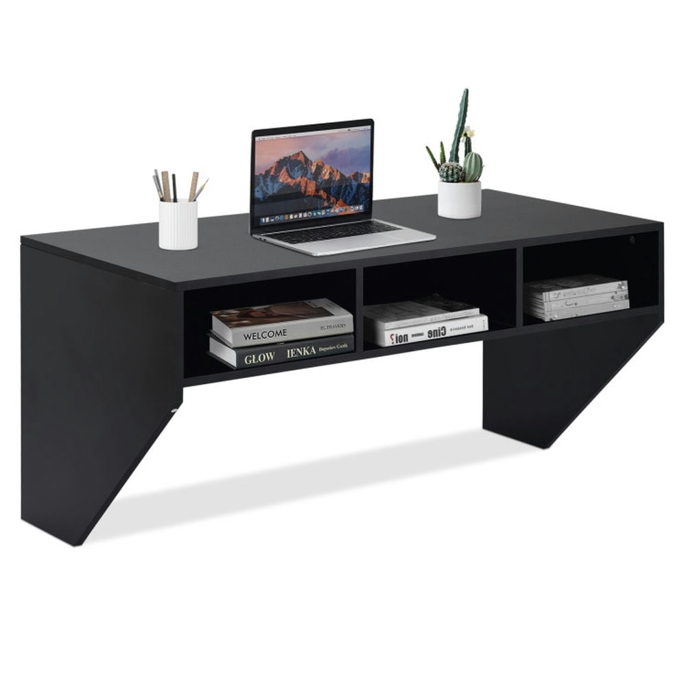 Barara King Standing Desk, Standing Computer Desk, Computer Desk, Wall Mounted Floating Sturdy Computer Table with Storage Shelf-Black