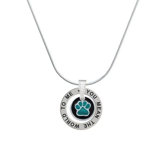 Delight Jewelry Silvertone Teal Paw on Black Disc Silver-tone You Mean the World to Me Ring Necklace, 18"