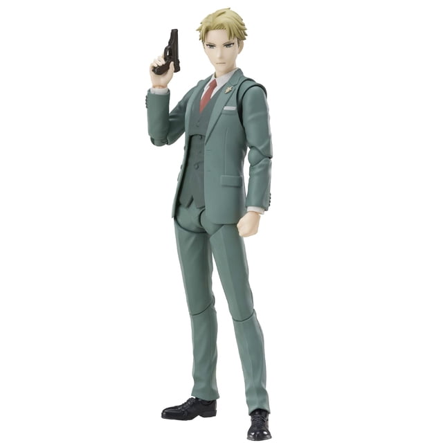 figura de acción tamashii nations spy x family loid forger 15 cm multicolor S.H. Figuarts, vista frontal de cuerpo entero con pistola en mano derecha; traje verde oliva de tres piezas con chaleco y corbata roja, insignia en solapa y articulaciones visibles para posear, zapatos negros, fondo blanco.