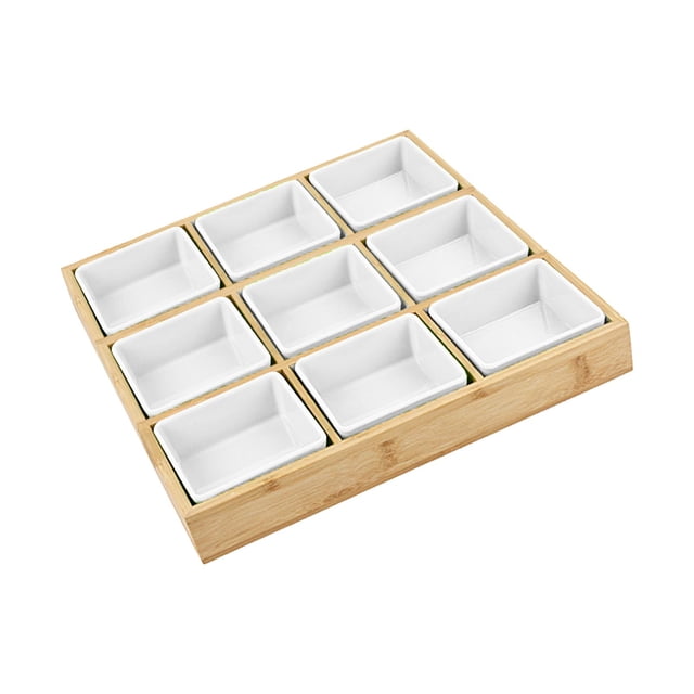 Bandeja de aperitivos dividida, soportes de almacenamiento de especias con bandeja de bambú, bandeja para servir platos de aperitivos para frutas seca 9 rejillas
