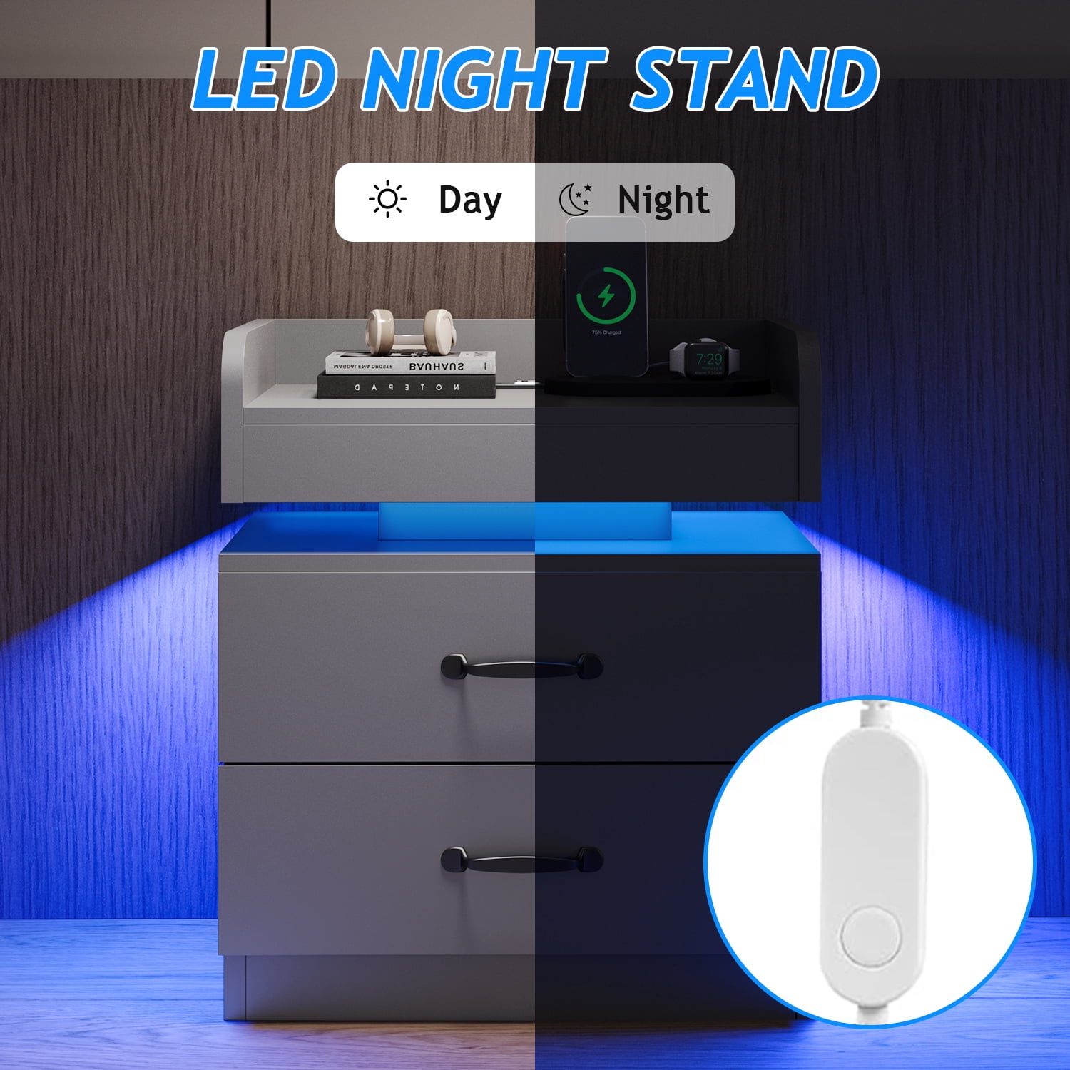 4 EVER WINNER Nightstand with Charging Station, LED Night Stand with 2 Drawers, Modern Beside End Table Side Table for Bedroom Living, Gray