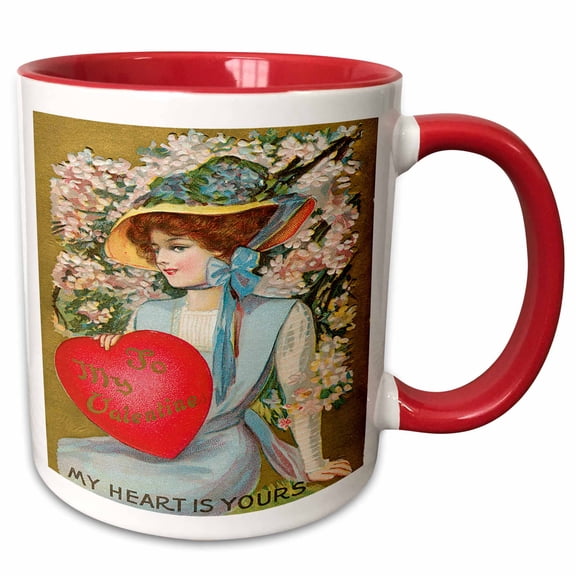 3drose, Victorian Woman with Flowers to My Valentine My Heart Is Yours, 15oz Two-tone Red Mug
