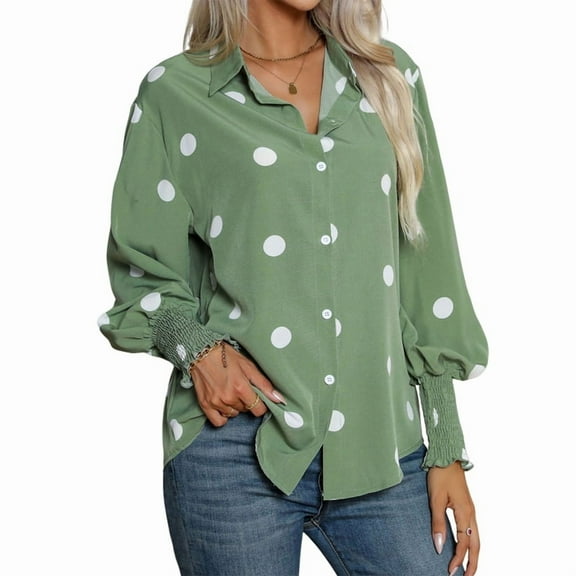 Women'S Dot Button Down Shirts Long Sleeve Smocked Cuffed Oversized Blouses Collared Work Tops Light Green L