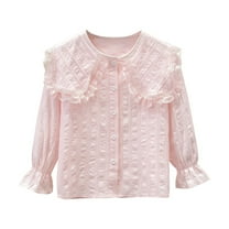 Jalioing Girls Cute Button Down Shirt Ruffle Crew Neck Bell Sleeve Casual Shirts Kids Fashion Tops 3-15 Years