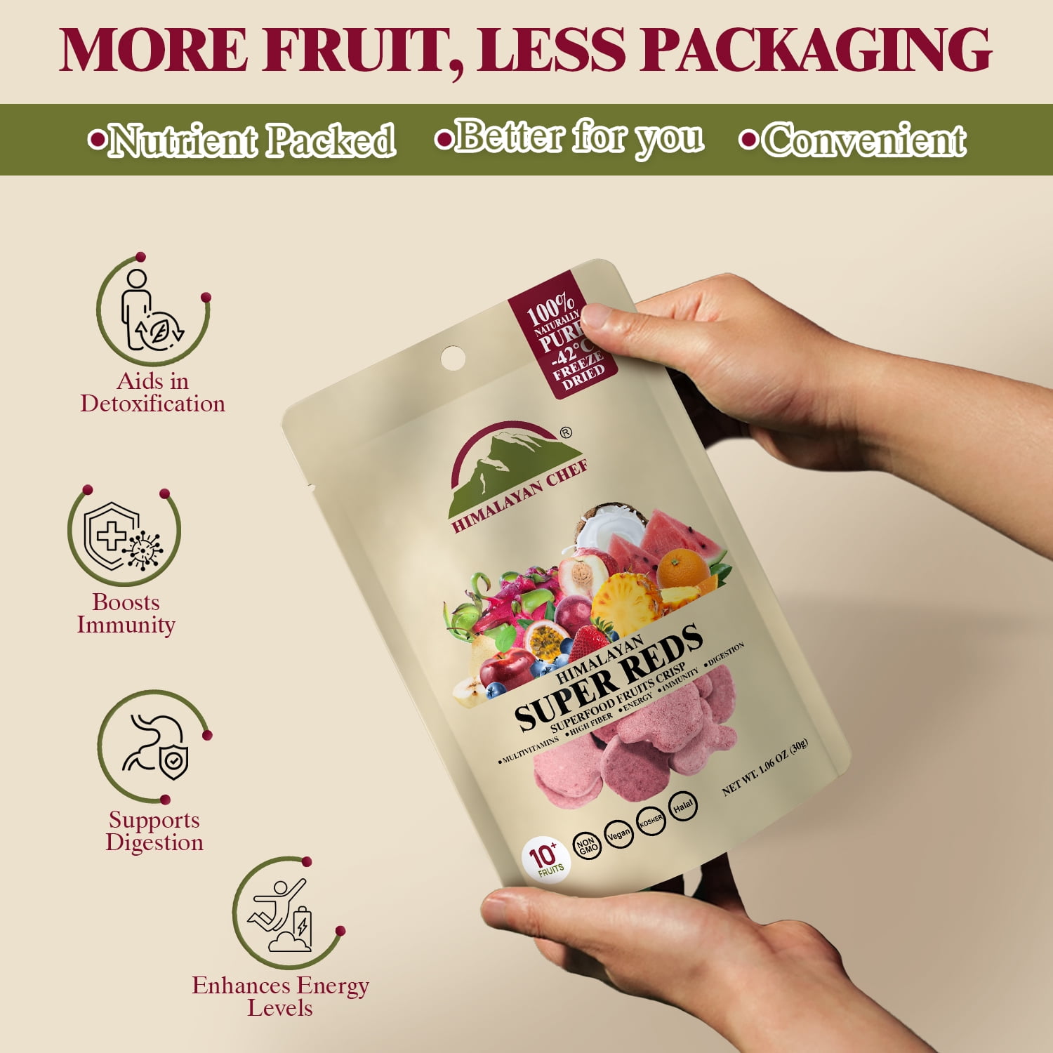 Himalayan Chef Super Reds Freeze-Dried Fruit Crisps, 30g/each 10 Pack | 10+ Superfood Fruits | Healthy Snacks Packed with Multivitamins, High Fiber & Antioxidants for Energy Boost