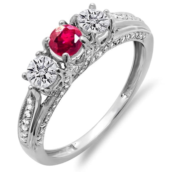 Dazzlingrock Collection 18K Round White Diamond And Ruby Ladies Vintage Bridal 3 Stone Engagement Ring, White Gold, Size 8.5
