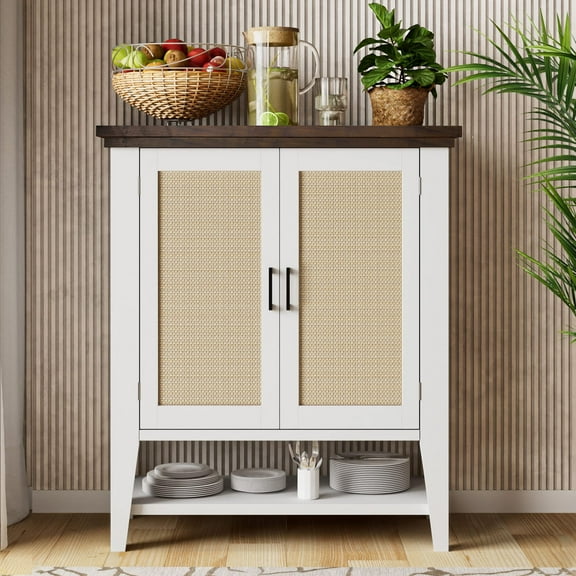 Yiwa White Wood Buffet Cabinet for Storage, Kitchen Sideboard with Rattan Doors and Adjustable Shelf for Entryway Dining Room Living Room