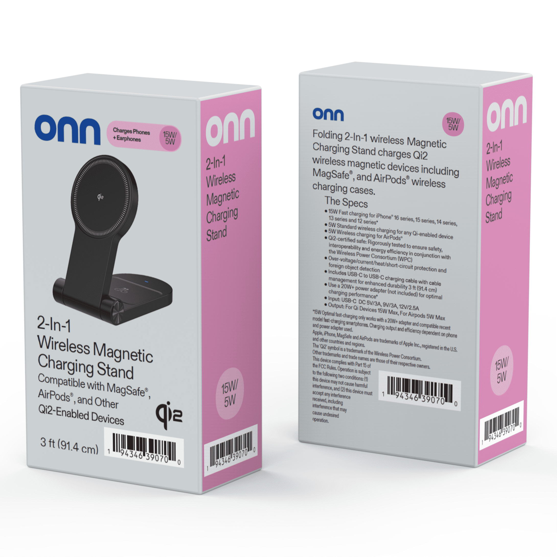 onn 2-in-1 Qi2.0 Wireless Charging Stand, Qi certified, fast charging, Black