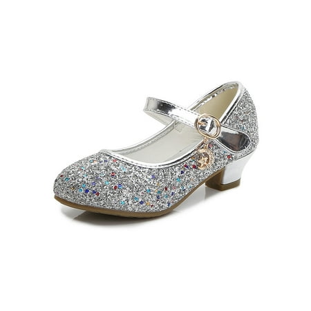 

Colisha Girls Dance Shoes Magic Tape Mary Jane Comfort Princess Shoe Walking Lightweight Flats Glitter Pumps Silver 1Y