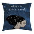 thumbnail image 1 of Motivational Throw Pillow Cushion Cover, Portrait of Woman with Dark Hair and Moon Stars Dream Believer Quote Feminine Art, Decorative Square Accent Pillow Case, 24 X 24 Inches, Blue, by Ambesonne, 1 of 2