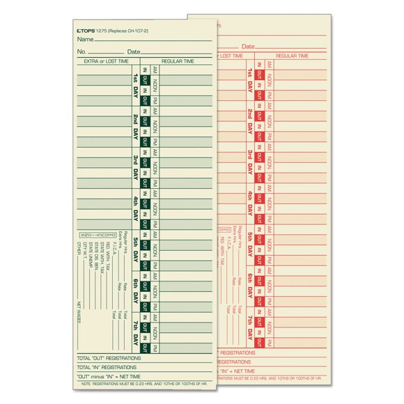 Carte de Temps Bimensuelle pour Hauts - Jours Numérotés, 3-1/2 Po x 9 Po 500 Ct Haut 1275