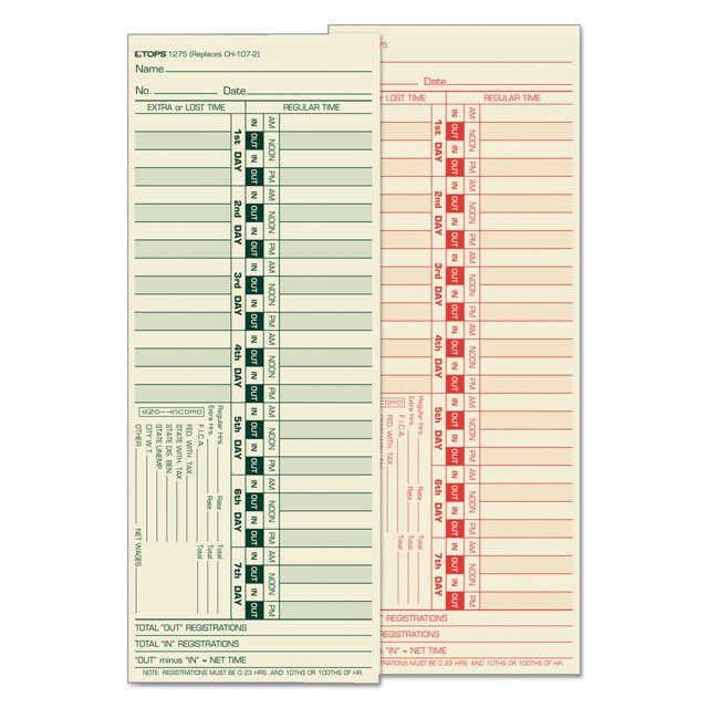 Tops Bi-Weekly Time Card - Numbered Days, 3-1/2 inch x 9 inch 500ct TOP 1275