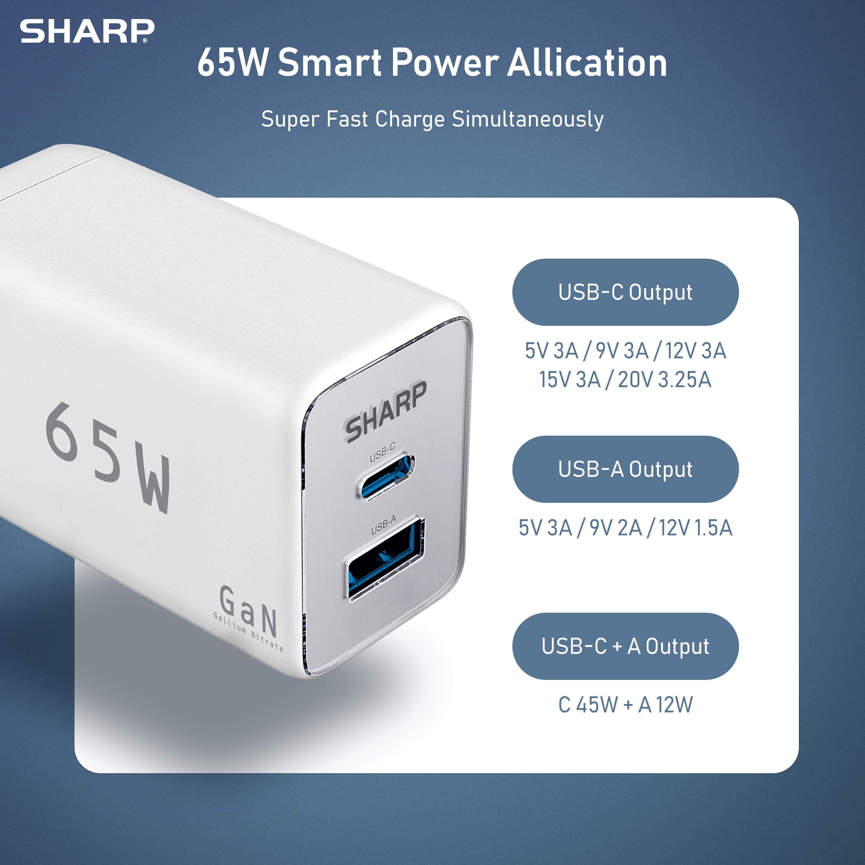 Sharp USB C Charger, 65W, 2 Port (USB A+C), Compact Foldable GaN Fast Charge for MacBook Pro/Air, iPad Pro, Galaxy S23, Dell XPS 13, Note 20/10+, iPhone 15/Pro, and More - White, G451A1CU-WHT