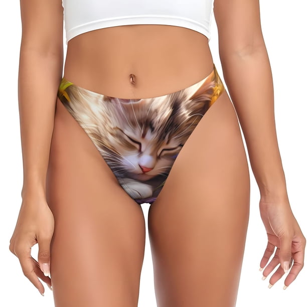 Balery Cute Cat Sunflower Tangas de Algodón para Mujer con Estampado – Ropa Interior Sexy, Transpirable, G-string-XX-Large