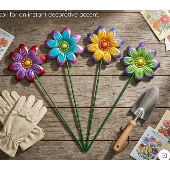 Metal Flower Garden Stakes, 4PC Colorful Rustic Yard Art, Handmade Outdoor Decor Plugs, Decorative Garden Stakes for Patio, Lawn, Flower Bed & Outdoor Landscape
