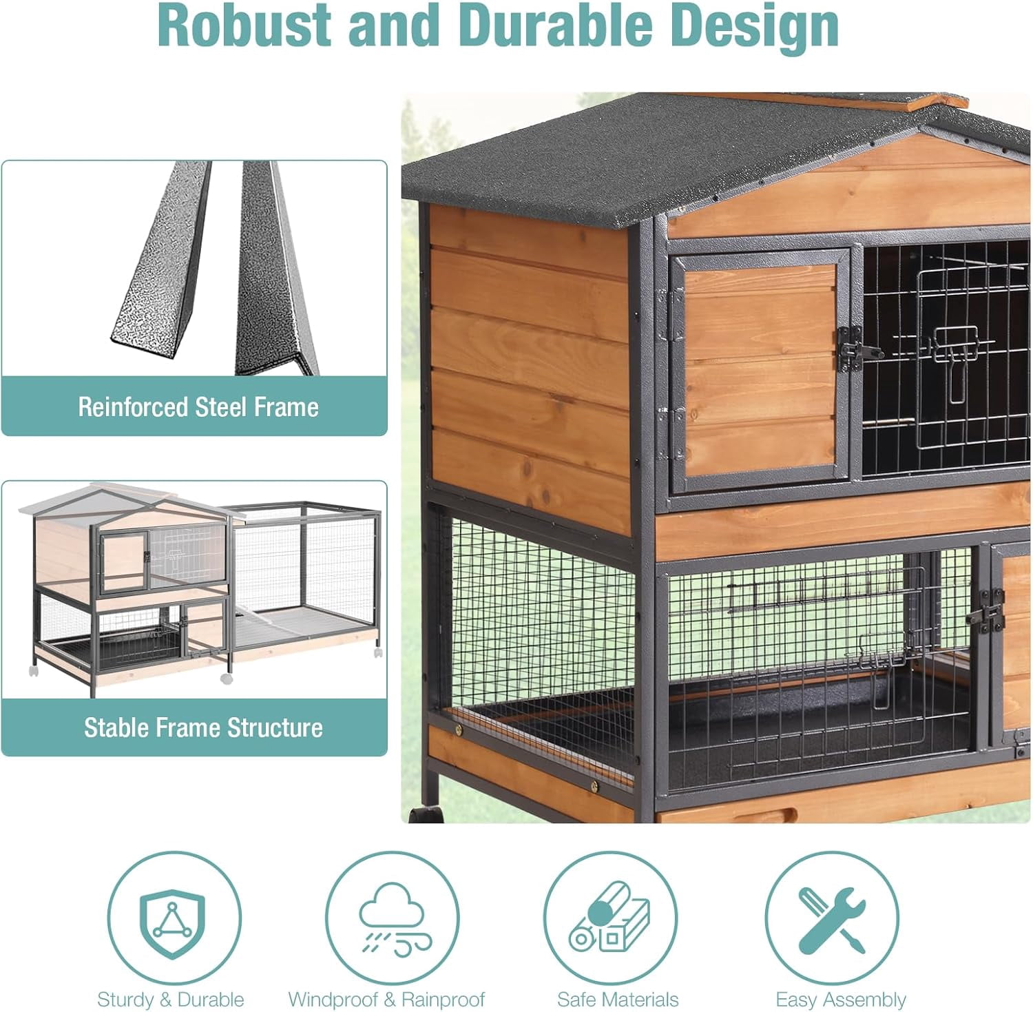 BUTINGLALE Rabbit Cage,Indoor Rabbit Hutch with Matel Frame and Pull Out Tray,Rabbit Hutch Chicken Coop with Run (Orange)