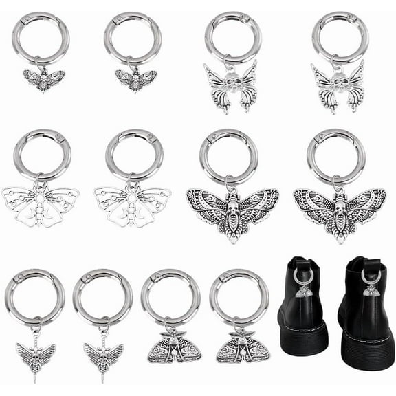 12Pcs 6 Styles Butterfly Charms 41-54mm Silver Butterfly Shoe Decoration Alloy Insects Shoe Charms with Spring Ring for Boots Decoration