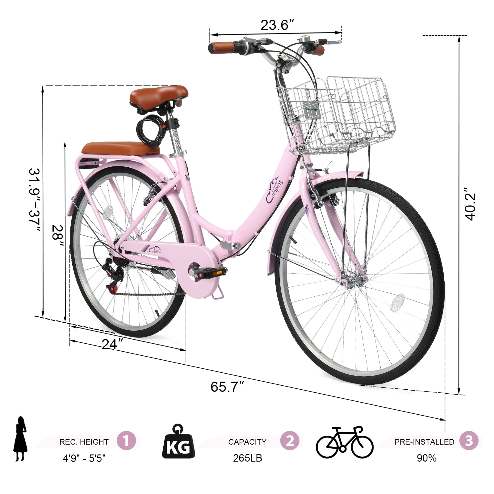 Ktaxon 24 Inch Folding Beach Cruiser Bike, 7 Speed Womens Bike with Foldable Basket, Lock & Rack, Pink