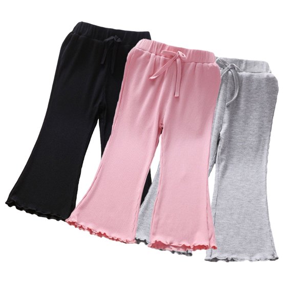 WOLLED Baby Girls Summer Ribbed Flare Leggings Pants Toddler Spring Knit Bell Bottoms Solid Color Elastic Waist Ruffle Leggings Flared Cotton Pants Trousers for 1-6Y