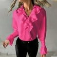 thumbnail image 2 of Women's Long Puff Sleeve V Neck Tunic Shirts Ruffled Front Buttons Casual Blouses Hot Pink,2XL, 2 of 6
