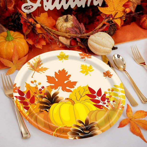 Platos de Papel para Acción de Gracias | Diseño Festivo de Calabazas y Hojas de Arce | Vajilla Desechable para Fiestas de Otoño | 20 Unidades | 23 Cm | Multicolor