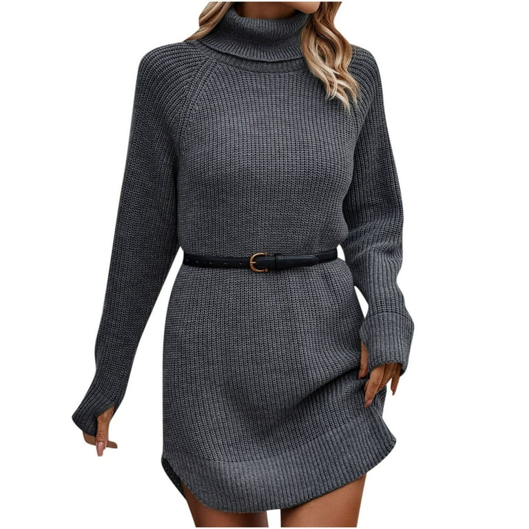 High Neck Sweater Dress for Women Fall Winter Casual Knit Loose Turtleneck Long Sleeve Dress Curved Hem Sweaters (Large, Gray)