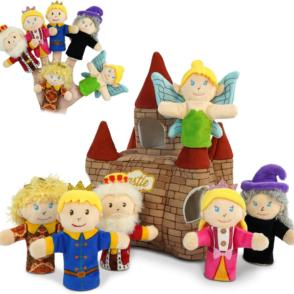 Just qunseen Fairy Tale Finger Puppets Set with Castle 6 Pcs Plush Finger Puppet Toys