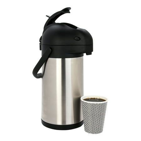 Stainless Steel Lever Airpot - Met Lux 2L Silver Stainless Steel Airpot Coffee Dispenser - Pump Lever, 24 hr Heat Retention - 6