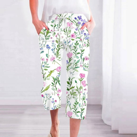 NSLGXD Women's Casual Capri Pants Drawstring Elastic Waist Pants Summer Boho Floral Print Straight Wide Leg Cropped Trousers Beach Vacation Pants with Pockets