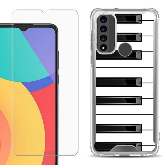 Shockproof Bumper Phone Case for TCL 20 XE, with Tempered Glass Screen Protector, by OneToughShield ® - Piano Design