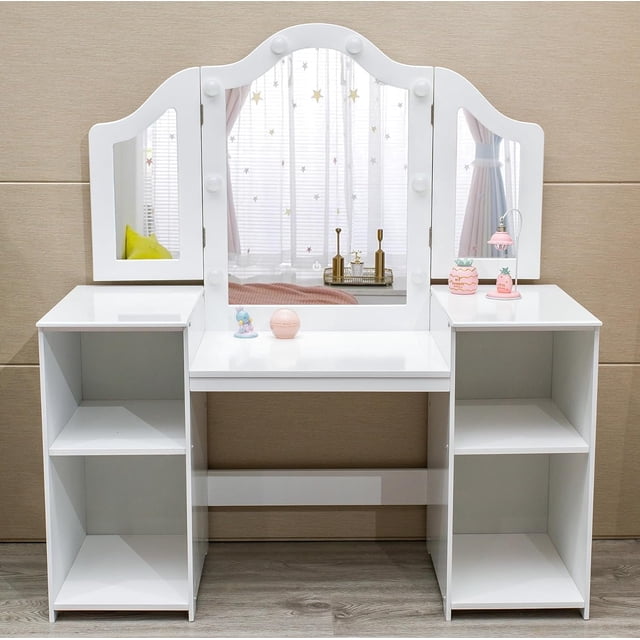 Girls Vanity Table with Touch Light Mirror, Princess Makeup Desk & Chair Set with Storage Shelves & Pretend Play Set