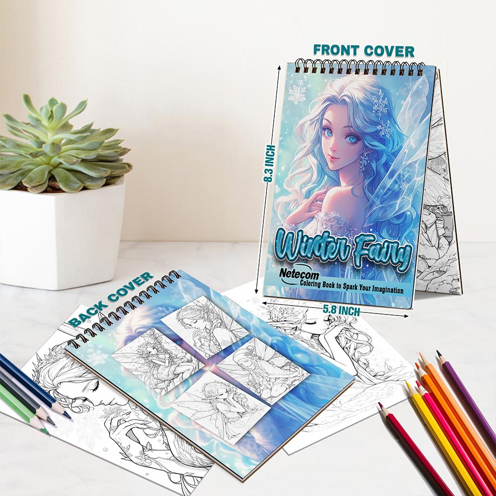 Netecom Winter Fairy Coloring Book for Adults, A5 Wooden Cover, 30 Stunning Portraits Coloring Pages of Beautiful Winter Fairies for Stress Relief and Relaxation, Spiral Bound Edition