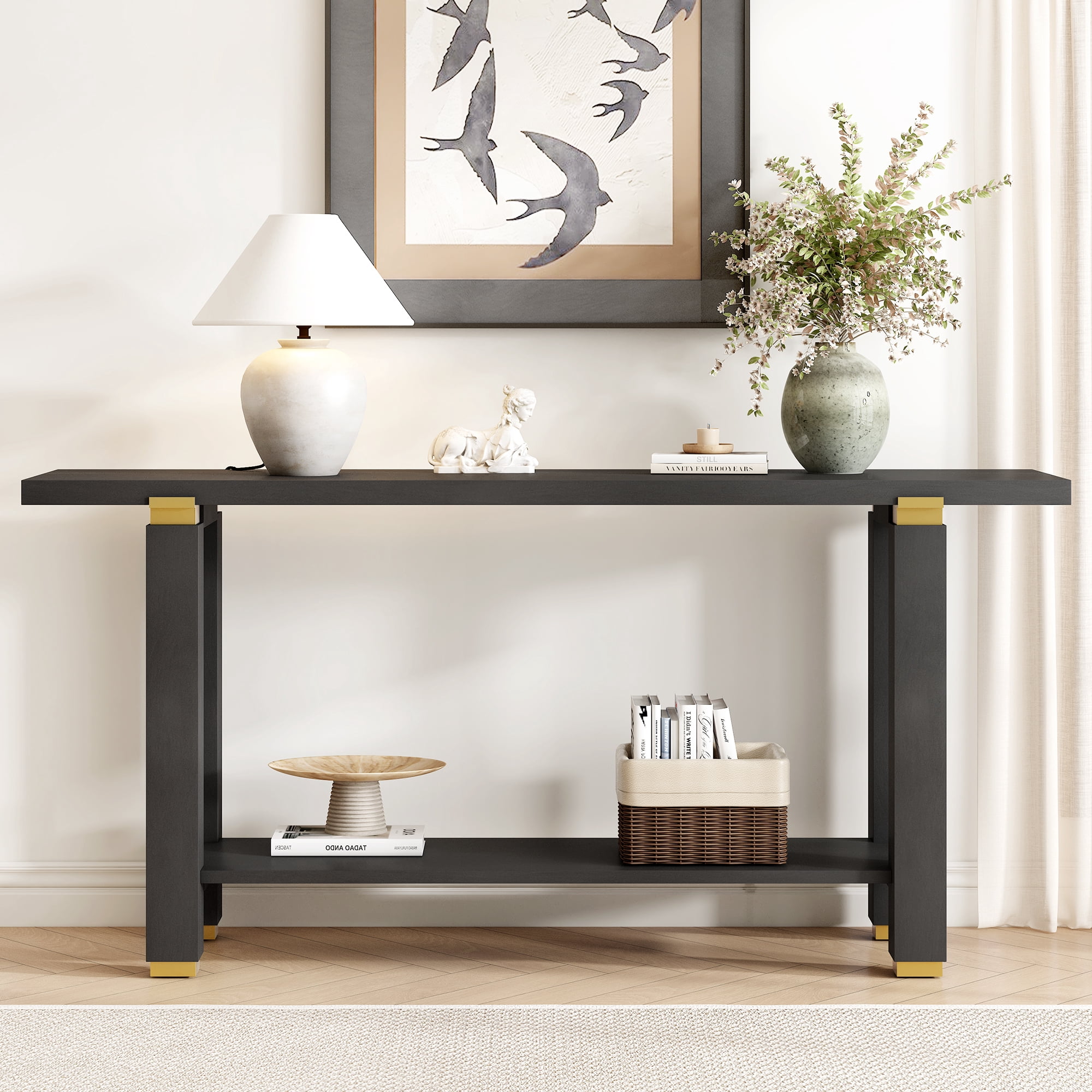 Euroco 63" Long Console Table, Solid Wood Narrow Sofa Table Behind Couch with Open Shelf,Modern Entryway Table for Hallway Living Room,Black