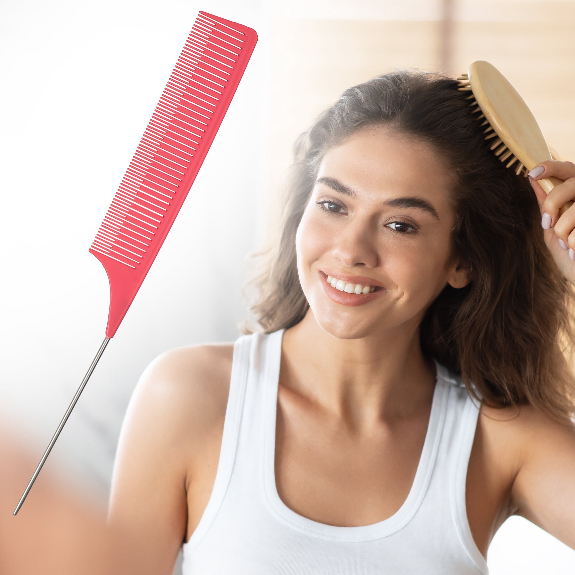 Unique Bargains Wide Tooth Hair Brush Tail Comb Home Use Styling Comb Plastic Pink
