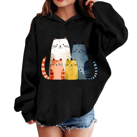 Girls Hooded Sweatshirt, Cartoon Printed Relaxed‑Fit Long Sleeve Hoodie, Lightweight Casual Outerwear for Kids Autumn Winter Back to School Daily Outdoor Wear(Black1,3-4 Years)