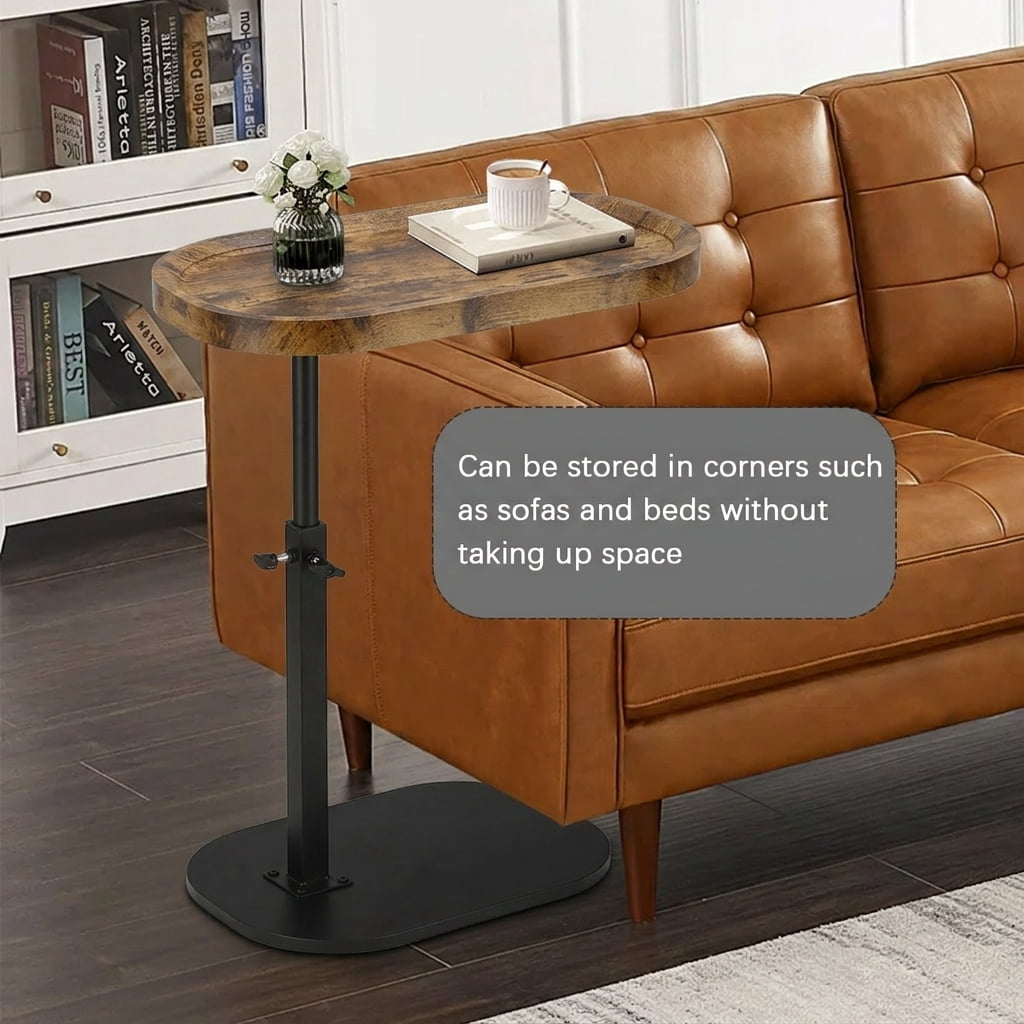 Liyufly C-Shaped End Table, 360° Rotating Adjustable Height Couch Side Tables for Sofa / Bed / Bathtub, Brown-Concave