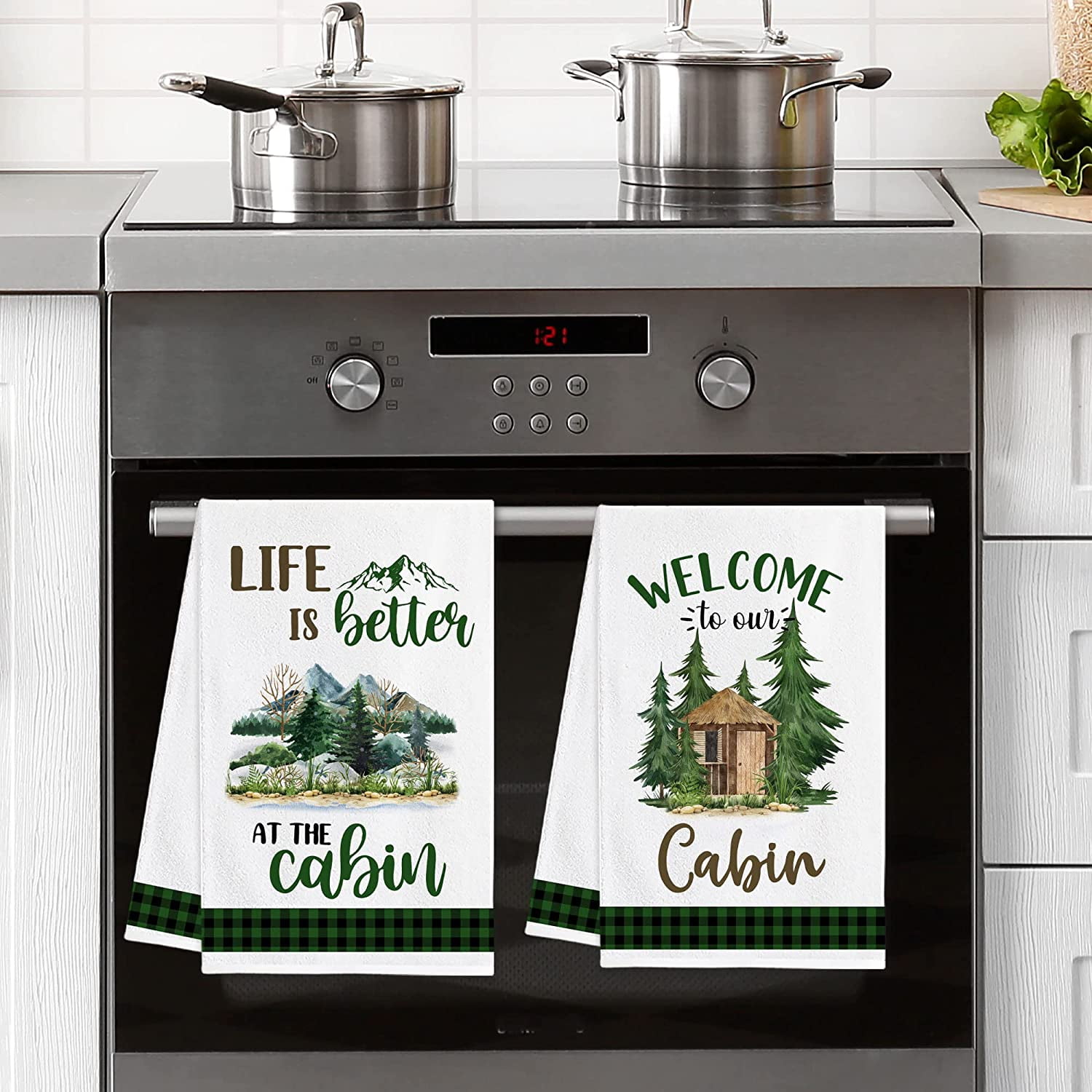 3 Cabin Lodge Themed Decorative Cotton Kitchen Towels Set | 2 Towels with  Bear, Moose, Deer, Pine Trees, Paw Print and 1 Plaid Towel for Dish and  Hand