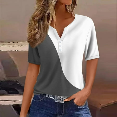 Xqxayjr Women's Summer Tops Blouses Under $5 Loose Fitting Short Sleeve Shirts Color Block V Neck Button Going Out Tunic Tops Mother's Day Gifts