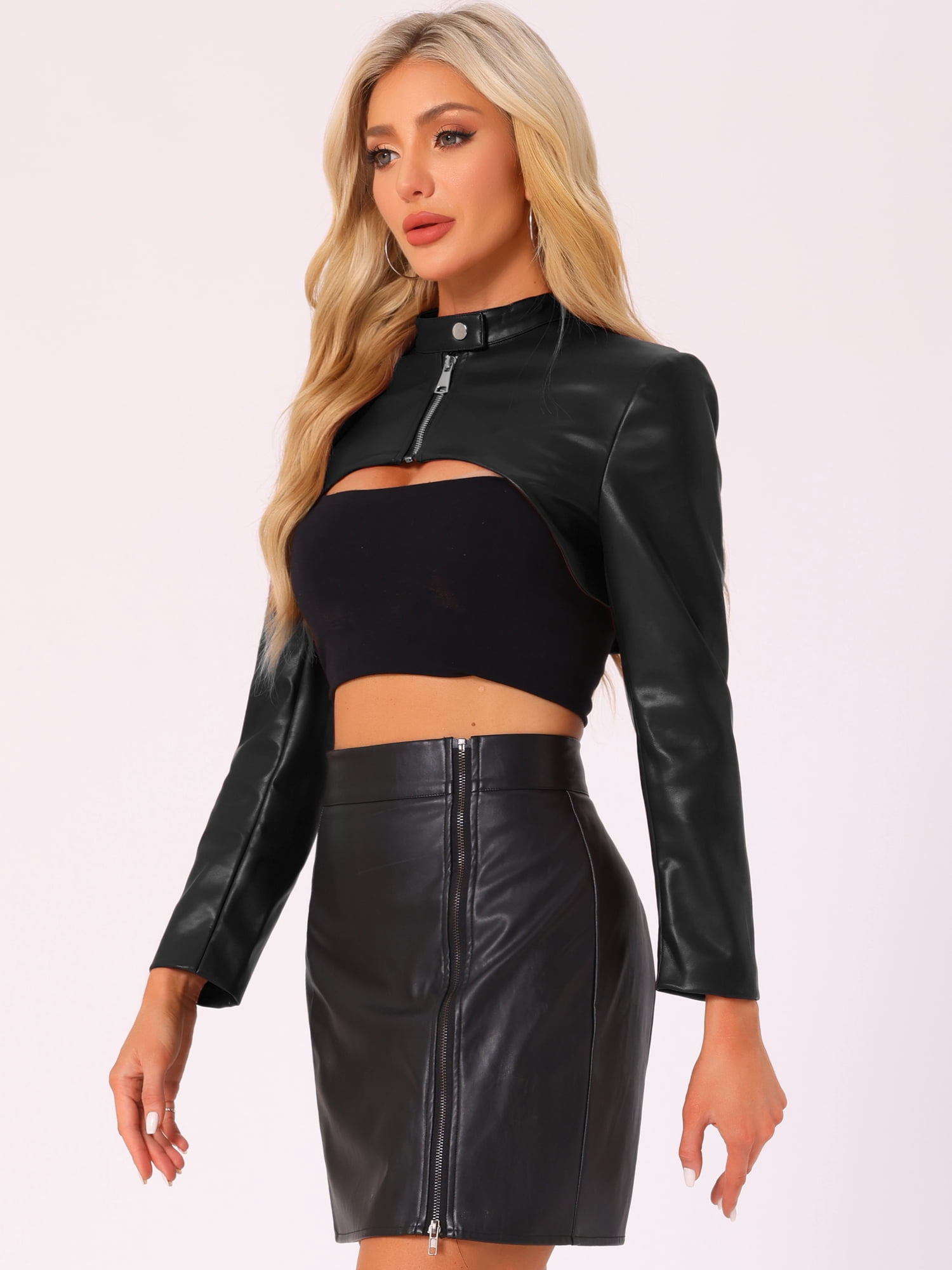 DARING DIVA Women's Faux Leather Cropped Stand Collar Zipper Front Moto Jacket XS Black