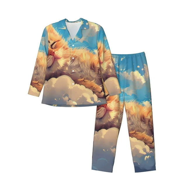 Balery Cloud Sleeping Cat Pijama para Hombre de Dos Piezas con Manga Larga, Conjunto de Dormir y Descanso Suave con Bolsillos-Small
