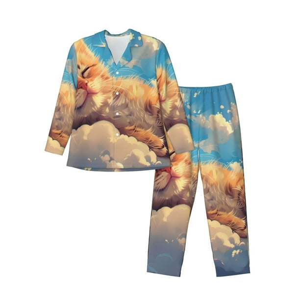Fotbe Cloud Sleeping Cat Pijama de Hombre con Estampado de Manga Larga, Conjunto de 2 Piezas, Ropa de Dormir Suave y Cómoda con Bolsillos-Small