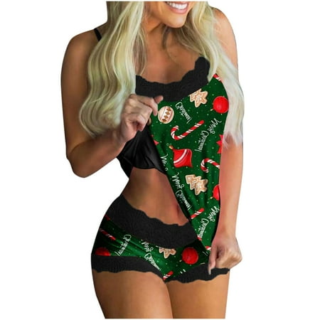 

HGWXX7 Christmas Clothes Women Christmas Print Pajamas Sleeveless Lace Cami Shorts Lingerie Sleepwear Set Stylish