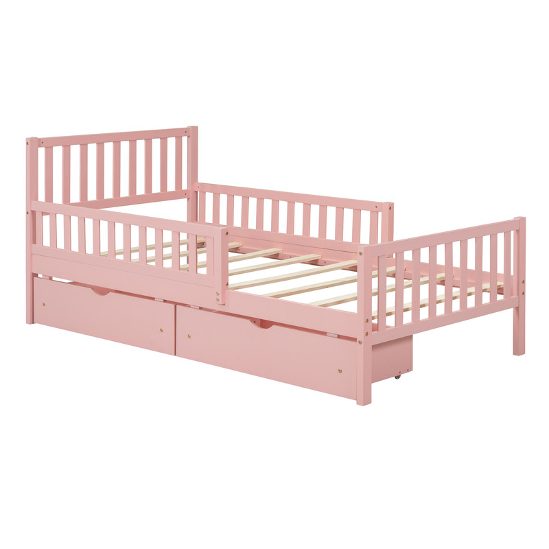 Mirightone Twin Bed Frame , Wood Twin Size Bed with Storage Drawers and Guardrails, Twin Bed Frame