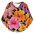 thumbnail image 4 of Hibiscus Flowers Leopard Print Fabric Women's V-Neck Blouse With 3/4 Ruffled Bell Sleeves Casual Top Ladies Blouses, 4 of 7