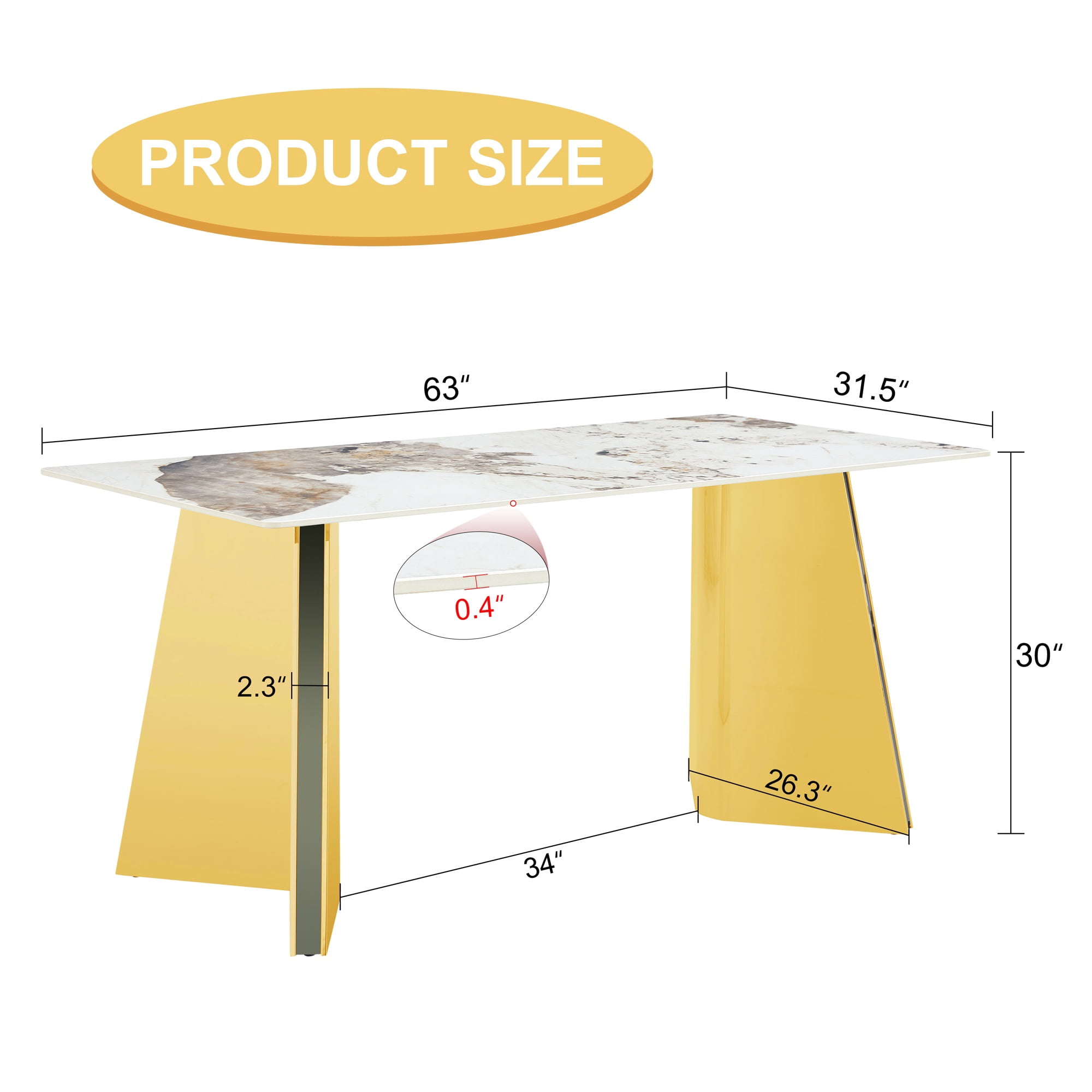 PORKISS Rectangular Dining Table for 4-6 People, Kitchen Table with Pandora Patterned Sintered Stone Top and Golden Stainless Steel Butterfly Legs, Scratch and Heat Resistant, White+Gold #1