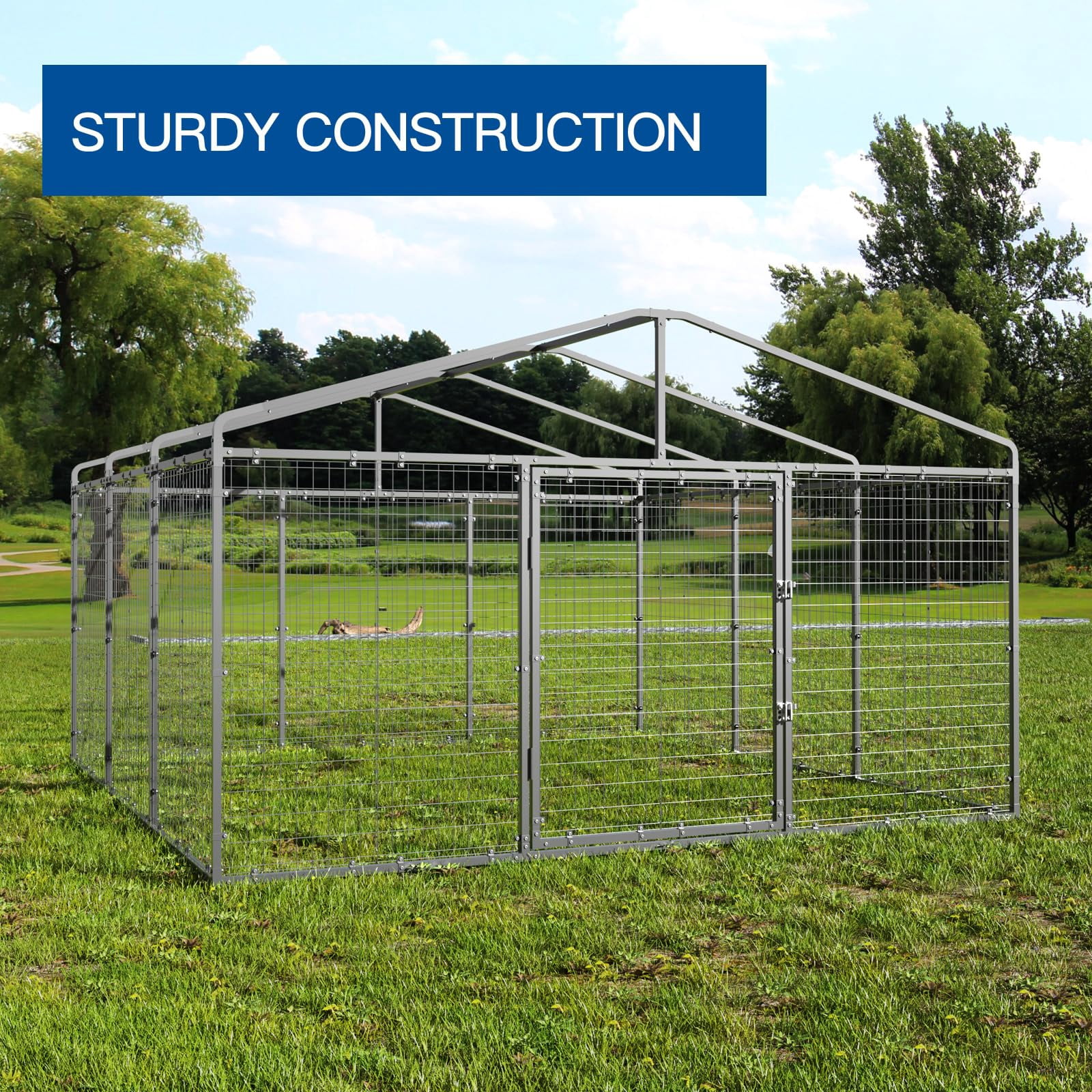 ALAULM Large Outdoor Dog Kennel: Heavy Duty, Galvanized Steel Panels with Roof, Double Safety Locks