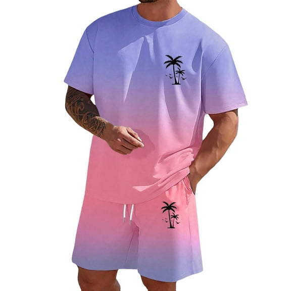 KKBOTIVE Mens Outfit 2 Piece Set Solid Color Round Neck Short Sleeved Sports Suit 2 Piece Outfits for Adults Summer Suits, Purple Size: L