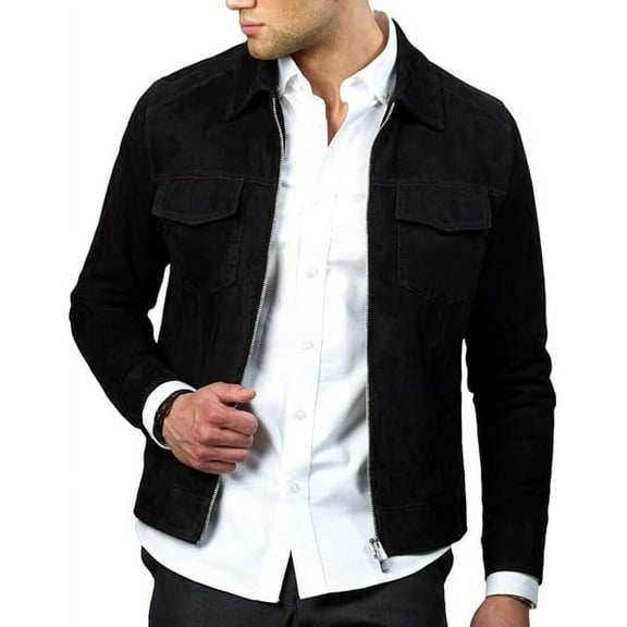 Men Black Suede Genuine Leather Jacket Coat Overcoat Leightweight A298